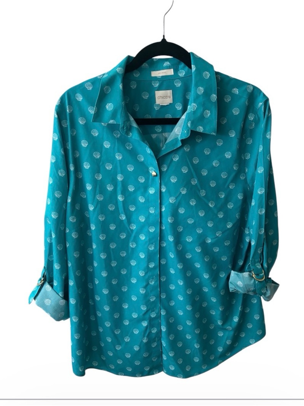 Chico's Teal Button-Front Blouse with White Shell Print
